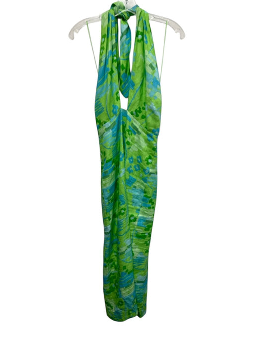 Rhode Size 2 Green & Blue Linen Criss Cross Abstract Halter Midi Dress Green & Blue / 2