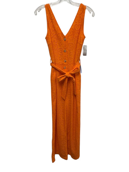 FRNCH Size S Orange Cotton Eyelet Button Front Sash Sleeveless Jumpsuit Orange / S