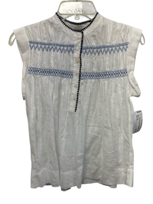 Rails Size XS White & Blue Cotton Embroidered Shirred Half Button Sleeveless Top White & Blue / XS