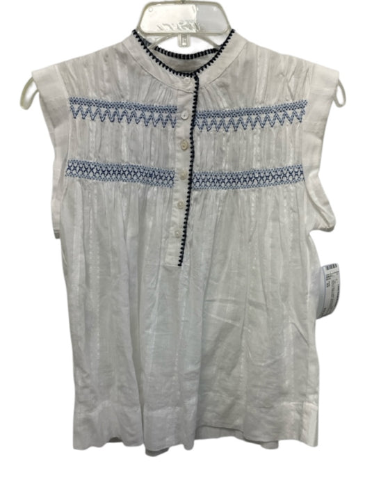 Rails Size XS White & Blue Cotton Embroidered Shirred Half Button Sleeveless Top White & Blue / XS