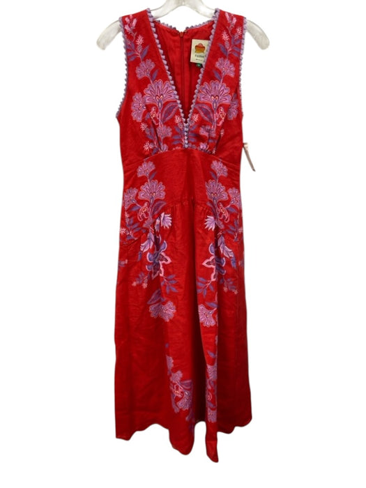 Farm Rio Size XS Red & Purple Linen Floral Sleeveless Trim Detail Dress Red & Purple / XS