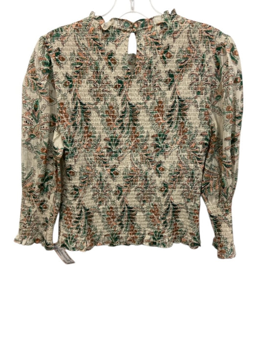 Veronica Beard Size 2 Cream Beige, Green & Brown Cotton Shirred 3/4 Sleeve Top Cream Beige, Green & Brown / 2