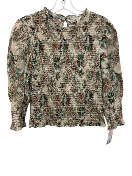 Veronica Beard Size 2 Cream Beige, Green & Brown Cotton Shirred 3/4 Sleeve Top Cream Beige, Green & Brown / 2
