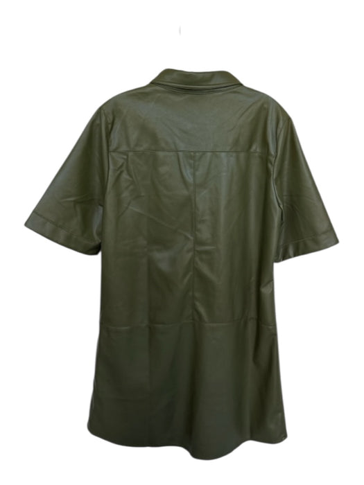 THML Size M Olive PU & polyester Vegan Leather Short Sleeve Half Button Dress Olive / M