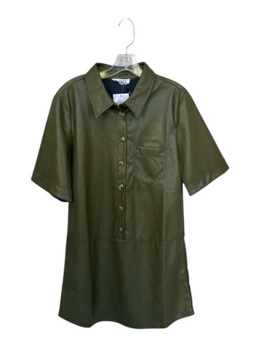 THML Size M Olive PU & polyester Vegan Leather Short Sleeve Half Button Dress Olive / M