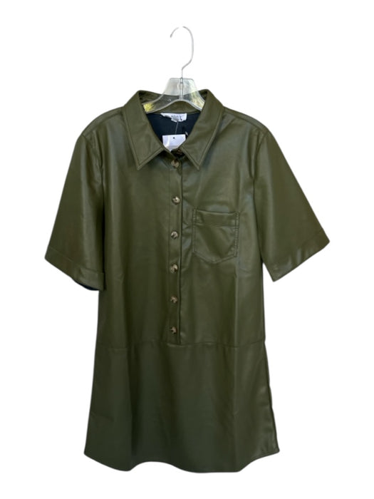 THML Size M Olive PU & polyester Vegan Leather Short Sleeve Half Button Dress Olive / M
