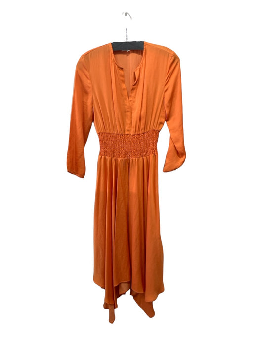 Maje Size 1/S Orange Polyester round split neck Smocked Waist Long Sleeve Dress Orange / 1/S