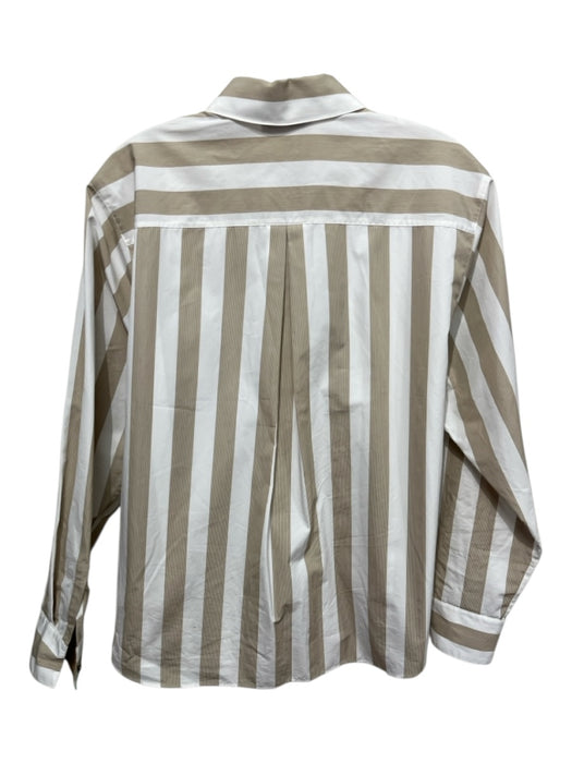 Lafayette 148 Size Small White & Taupe Cotton Long Sleeve Striped Collar Top White & Taupe / Small