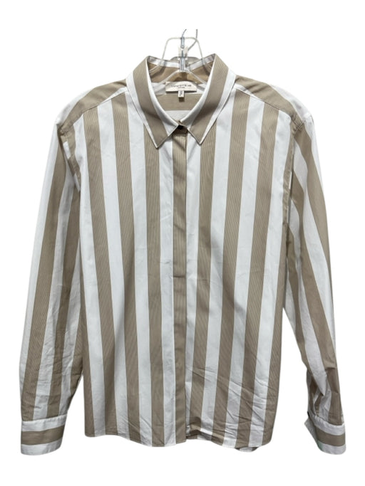 Lafayette 148 Size Small White & Taupe Cotton Long Sleeve Striped Collar Top White & Taupe / Small
