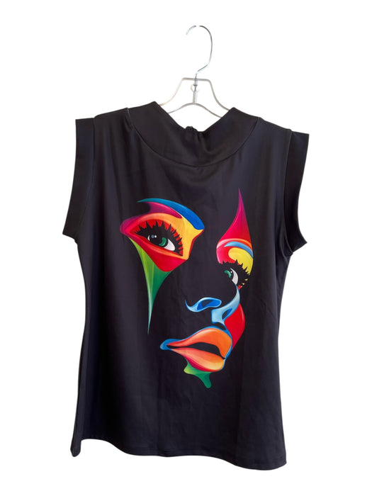Uoozee Size Est M Black & Multi No Fabric Tag Sleeveless Back Zip high neck Top Black & Multi / Est M