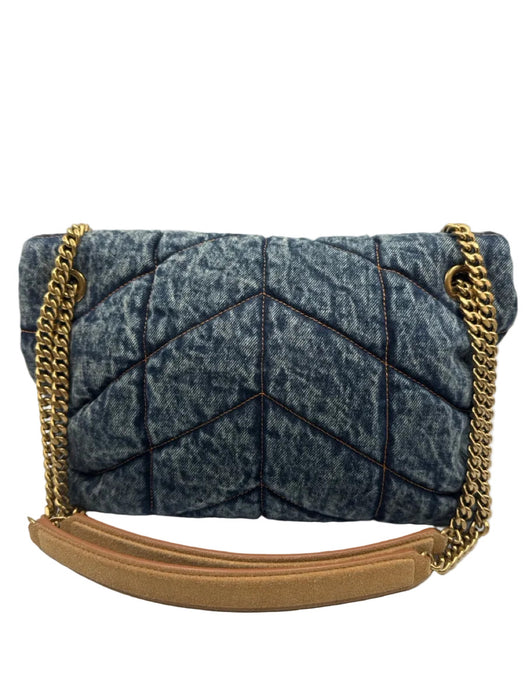 Saint Laurent Blue & Brown Textile Quilted Gold Logo Magnetic Flap Bag