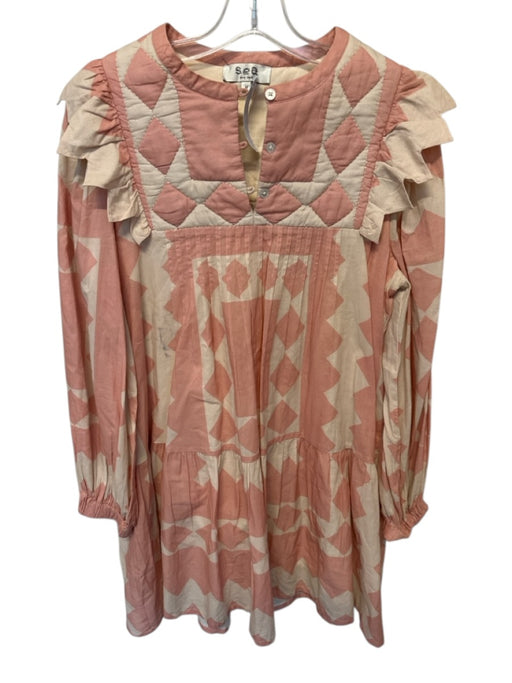 Sea New York Size M Pink & Tan Cotton Long Sleeve Quilted Buttons Ruffle Dress Pink & Tan / M