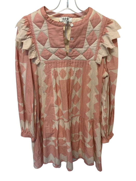 Sea New York Size M Pink & Tan Cotton Long Sleeve Quilted Buttons Ruffle Dress Pink & Tan / M