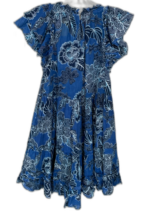 Love The Label Size L Blue 100% Cotton Floral Flutter Sleeve Tiered Dress Blue / L