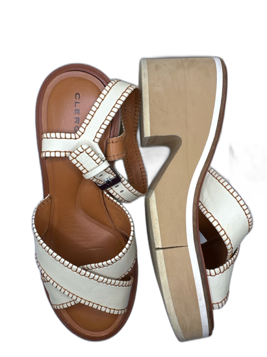 Clergerie Shoe Size 39.5 Cream & Brown Leather Block Heel Stitching Sandals Cream & Brown / 39.5