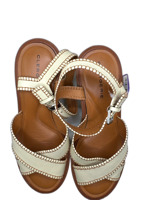 Clergerie Shoe Size 39.5 Cream & Brown Leather Block Heel Stitching Sandals Cream & Brown / 39.5