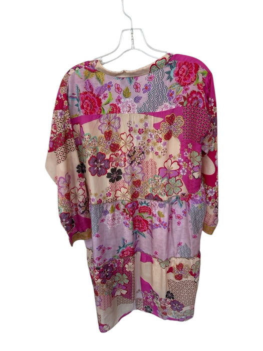 Johnny Was Size L Magenta & Tan Silk Long Sleeve Flowers Collar Slip Inc. Dress Magenta & Tan / L