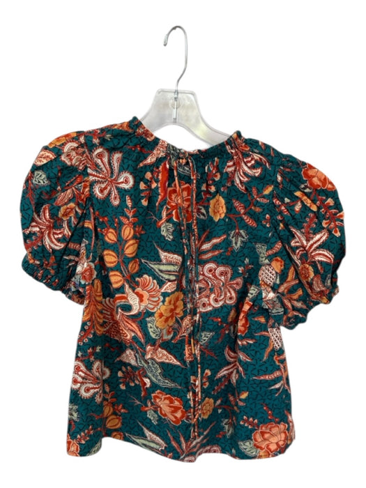 Ulla Johnson Size 6 Teal & Orange Cotton Short Balloon Sleeve Botanical Top Teal & Orange / 6