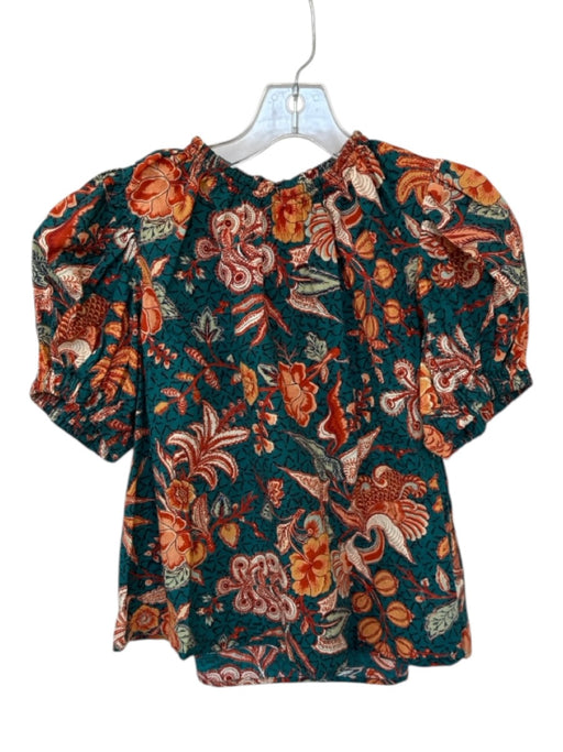 Ulla Johnson Size 6 Teal & Orange Cotton Short Balloon Sleeve Botanical Top Teal & Orange / 6