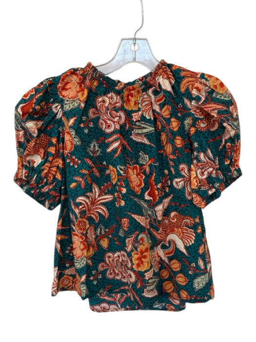 Ulla Johnson Size 6 Teal & Orange Cotton Short Balloon Sleeve Botanical Top Teal & Orange / 6