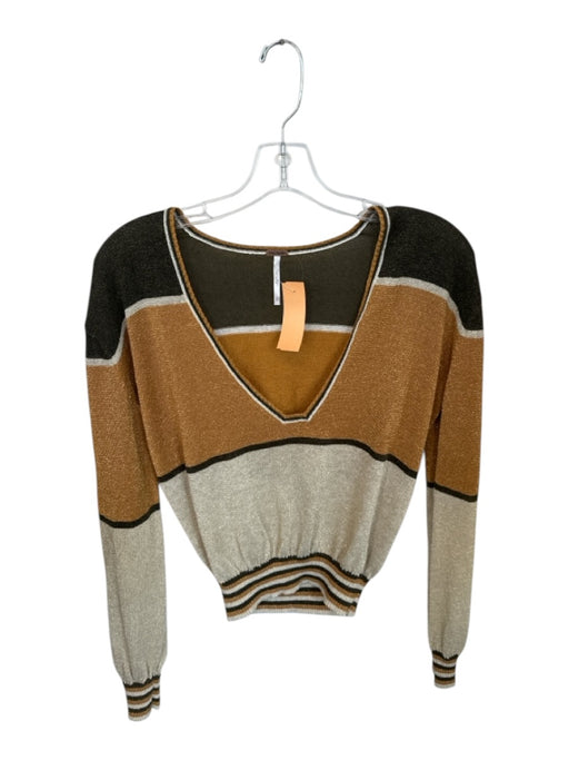 Free People Size XS bronze & green Nylon Blend Long Sleeve V Neck Sweater bronze & green / XS