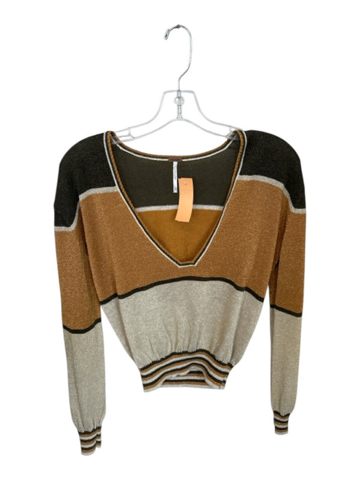 Free People Size XS bronze & green Nylon Blend Long Sleeve V Neck Sweater bronze & green / XS