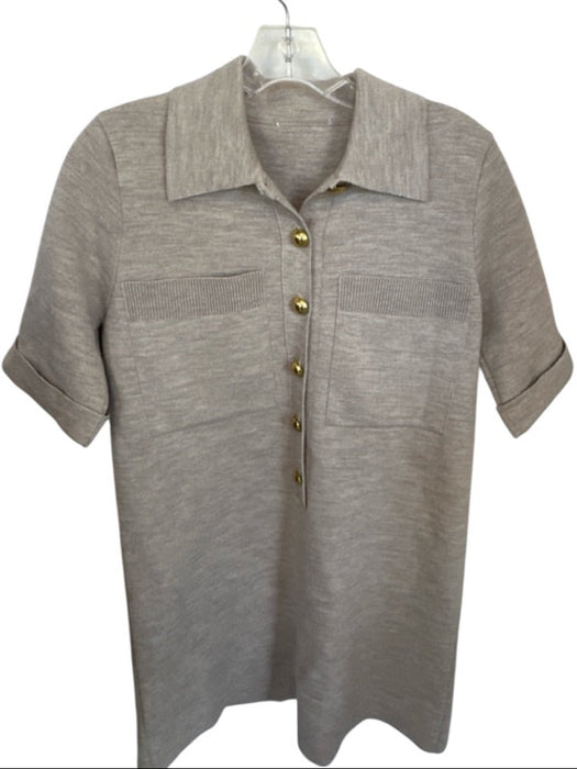 Veronica Beard Size S Taupe & Gold Wool Short Cuff Sleeve Buttons Knit Dress Taupe & Gold / S