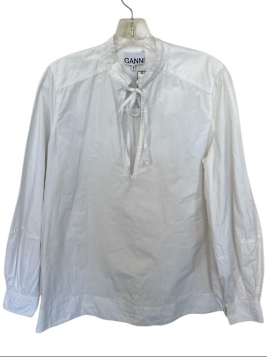 Ganni Size 36 White Cotton Long Balloon Sleeve V Neck Top White / 36