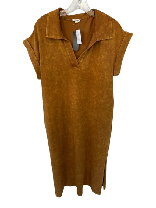 Jodifl Size S Tan Cotton Blend Short Cap Sleeve Collar Split Neck Maxi Dress Tan / S