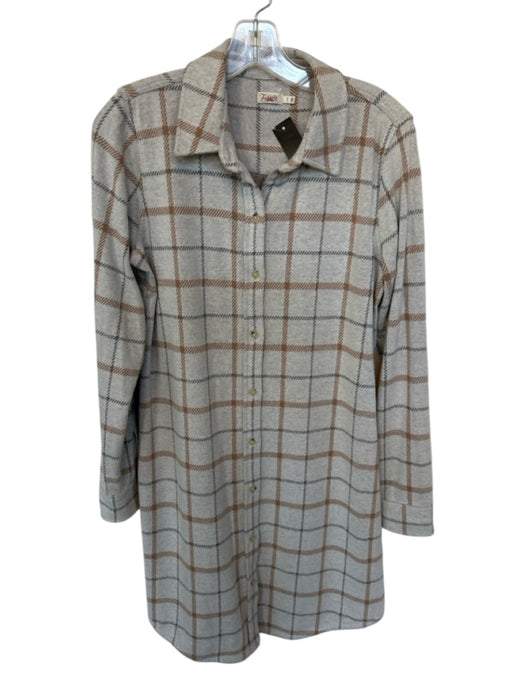 Faherty Size M Gray & Tan Recycled Polyester Long Sleeve Plaid Button Down Dress Gray & Tan / M