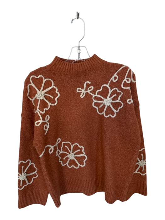Entro Size S Rust & Cream Acrylic Mock Neck Embroidered Design Sweater Rust & Cream / S
