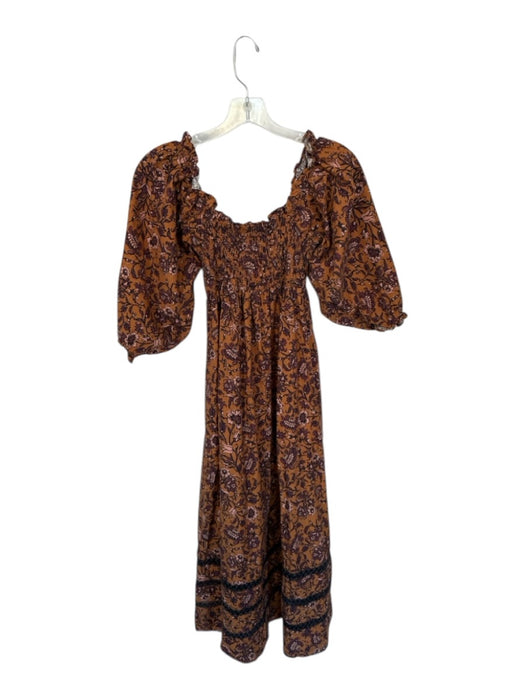 Mi Golondrina Size M Brown & Maroon Cotton Smocked Botanical Maxi Dress Brown & Maroon / M