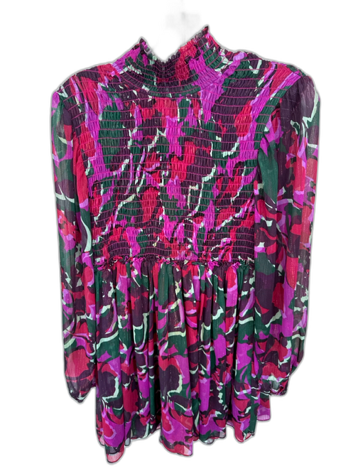 Misa Size S Purple & Green Polyester Smocked Long Sleeve Metallic Thread Dress Purple & Green / S