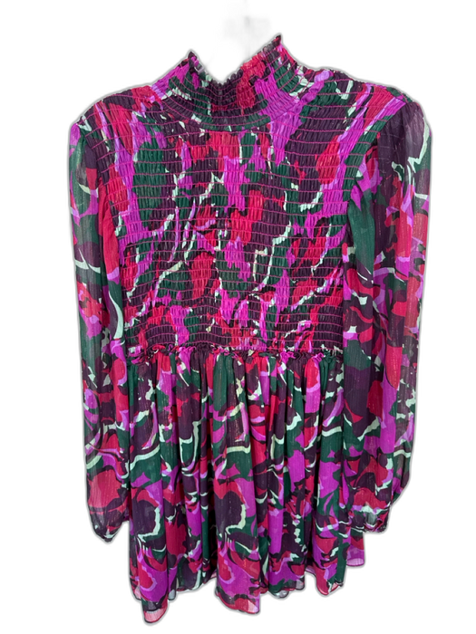 Misa Size S Purple & Green Polyester Smocked Long Sleeve Metallic Thread Dress Purple & Green / S