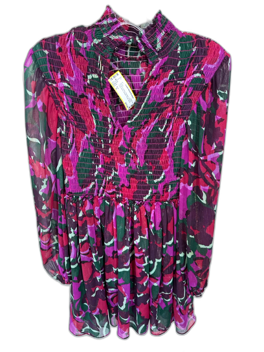 Misa Size S Purple & Green Polyester Smocked Long Sleeve Metallic Thread Dress Purple & Green / S