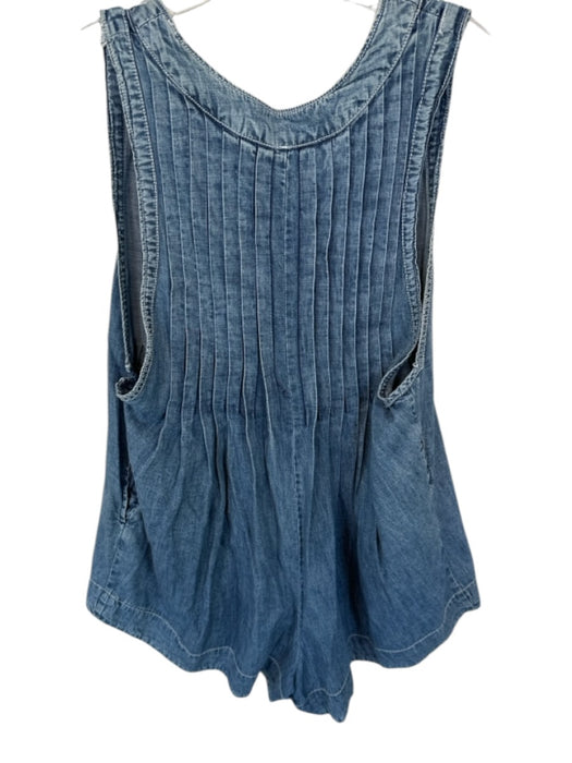 Free People Size M Med Dark Wash Cotton Blend Pleat Detail V Neck Denim Romper Med Dark Wash / M
