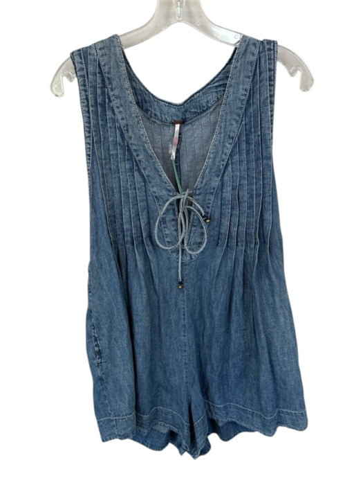 Free People Size M Med Dark Wash Cotton Blend Pleat Detail V Neck Denim Romper Med Dark Wash / M