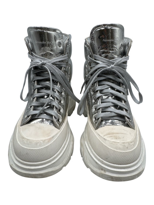 Alexander McQueen Shoe Size 39 Silver Leather Upper Lace Up Platform Ankle Boots Silver / 39