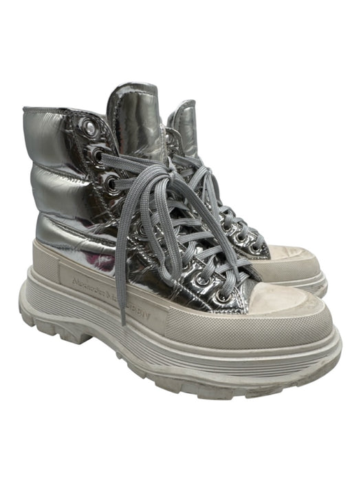 Alexander McQueen Shoe Size 39 Silver Leather Upper Lace Up Platform Ankle Boots Silver / 39