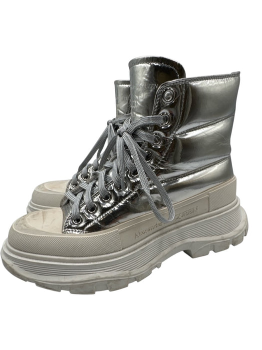 Alexander McQueen Shoe Size 39 Silver Leather Upper Lace Up Platform Ankle Boots Silver / 39