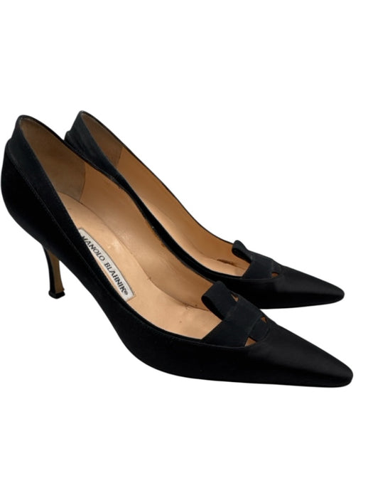 Manolo Blahnik Shoe Size 38.5 Black Textile Pointed Toe Satin Kitten Heel Pumps Black / 38.5