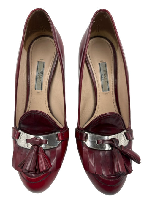 Prada Shoe Size 38.5 Red Leather Almond Toe Stiletto Fringe Pumps Red / 38.5