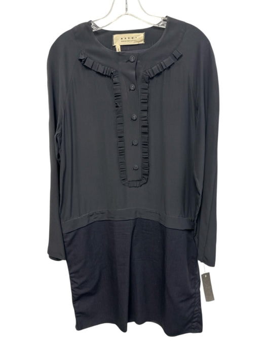 Marni Size 42 Black Silk Blend 1/4 Button Mixed Fabric Long Sleeve Pockets Dress Black / 42