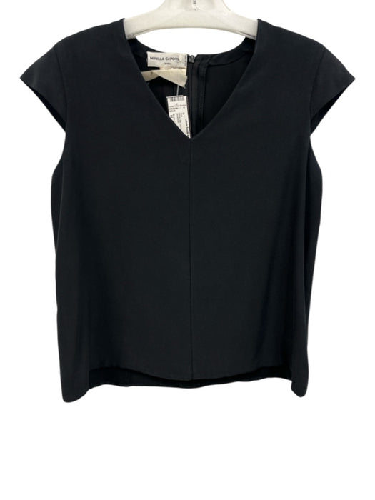 Mirella Cavorso Size M Black Silk Zip Back Cap Sleeve V Neck Top Black / M