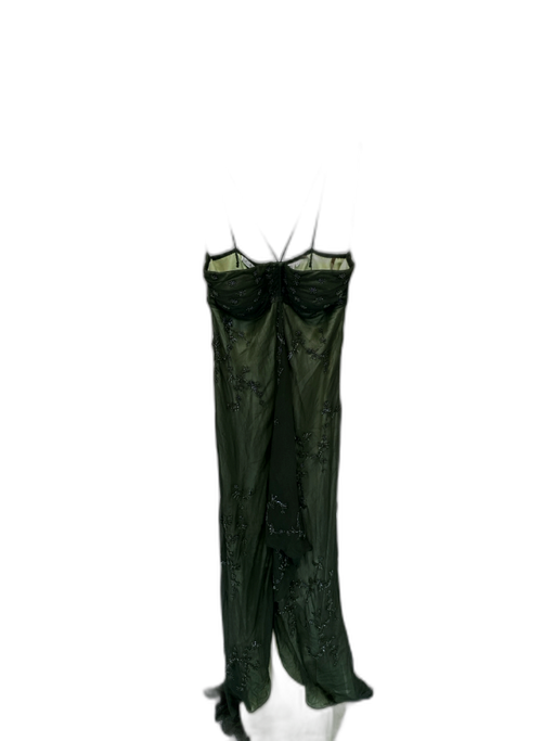 Scala Size S Green Silk Mesh Overlay Beaded Spaghetti Strap Gown Green / S