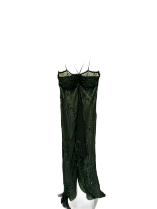 Scala Size S Green Silk Mesh Overlay Beaded Spaghetti Strap Gown Green / S