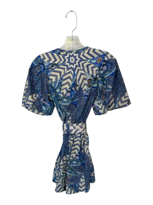Marie Oliver Size 2 Blue & Purple Cotton Maxi Short Sleeve Tie Waist Romper Blue & Purple / 2