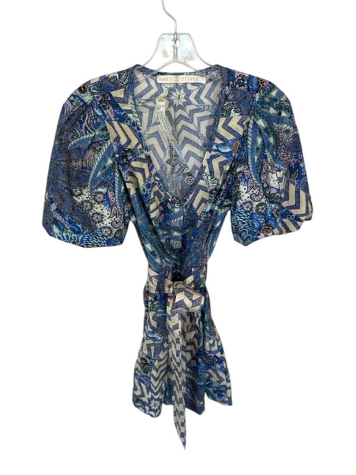 Marie Oliver Size 2 Blue & Purple Cotton Maxi Short Sleeve Tie Waist Romper Blue & Purple / 2