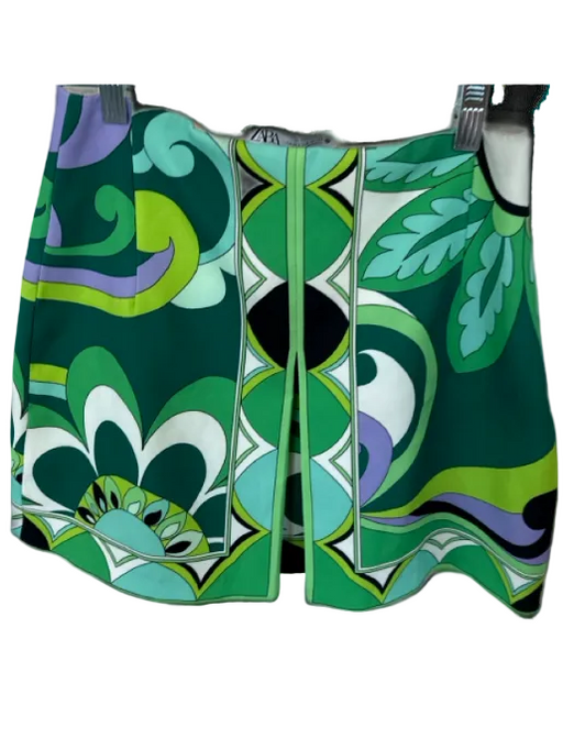 Zara Size M Green & Purple Polyester Elastic Waist Swirls Front Pleat Skirt Green & Purple / M