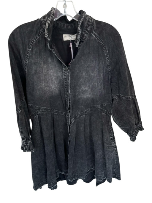 We The Free Size S Black Cotton Blend Long Sleeve Raw Hem Button Down Dress Black / S